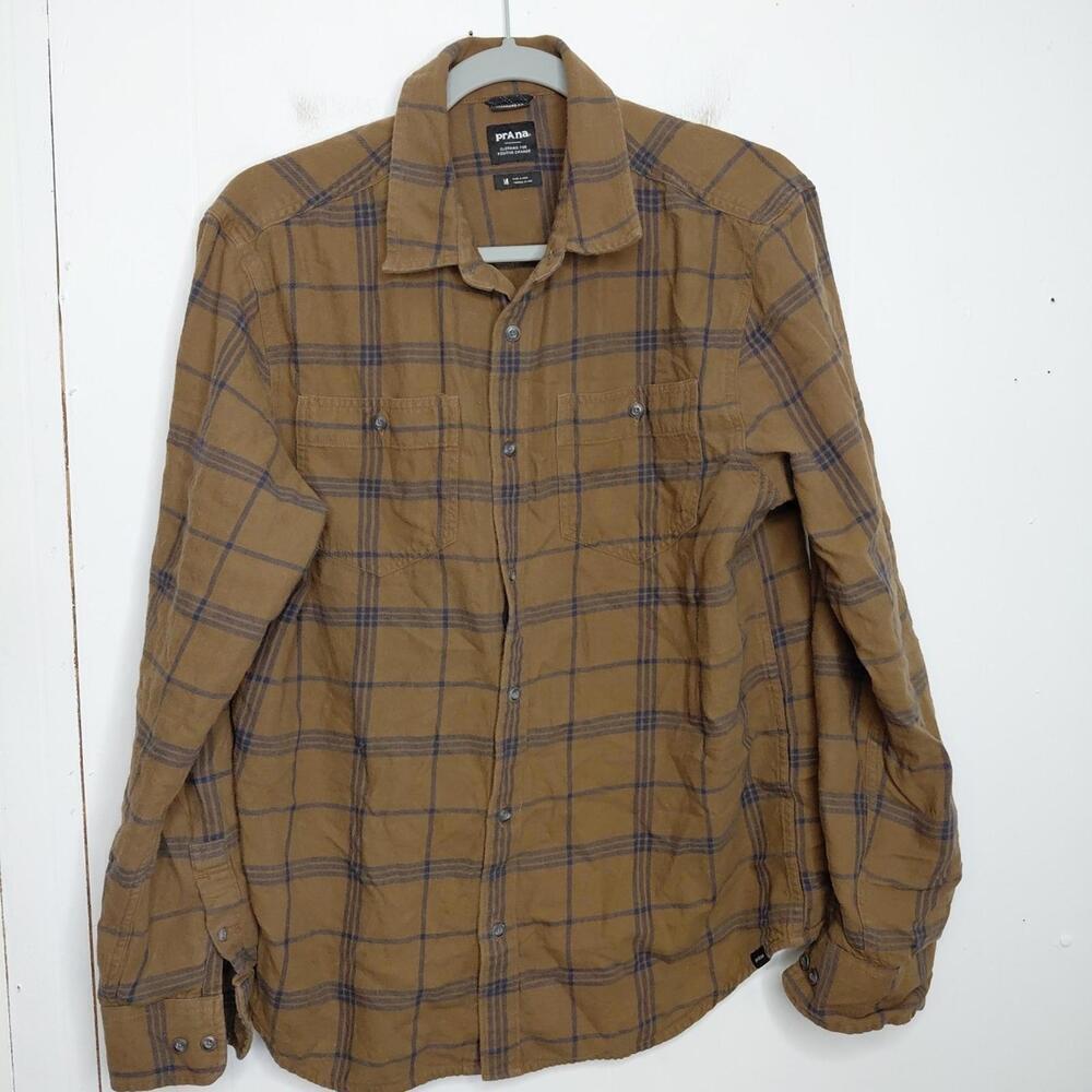 Prana Button Down Mens Medium Standard Fit Plaid Button Up Grunge Brown Western
